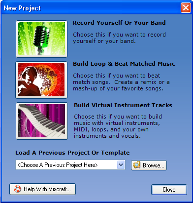 Acoustica Mixcraft Startup Screen