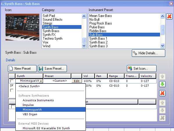 Acoustica Mixcraft 4 Software Instruments Dialog