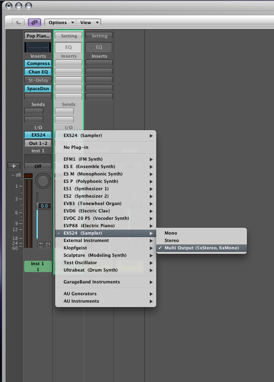 Choosing an instrument in the mixer window